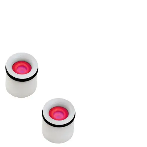 Zwei identische, runde Dichtungen in Weiß mit rot leuchtendem Innenbereich, geeignet für Anwendungen in Sanitäranlagen von Hansgrohe.
